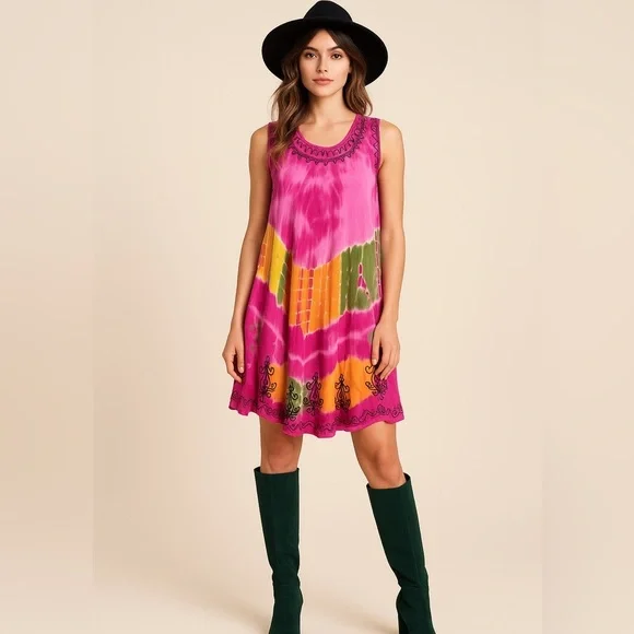 Sleeveless Tie Dyed Boho Hippie Gypsy Twist Dress ONE SIZE - Picture 1 of 7